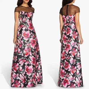 Adrianna Papell Pink Black Illusion Floral Mikado Gown Dress Formal Full Length